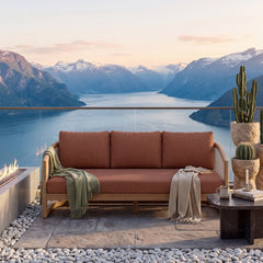 Outdoor Catania Teak Wood 3-Seater Sofa by Anderson Teak in natural finish, perfect for garden lounge or patio seating.