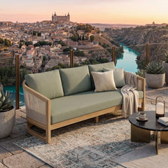 Anderson Teak Catania teak wood outdoor 3-seater sofa with natural canvas cushions, ideal for garden lounge in 9 designer colors