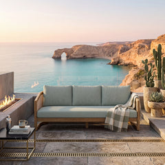 Catania Teak Wood Outdoor Patio 3-Seater Sofa by Anderson Teak, natural finish, designed for garden lounge with nine color options