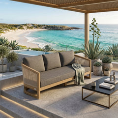 Outdoor Catania Teak Wood 3-seater sofa by Anderson Teak with natural canvas cushions, perfect for garden lounge in 9 designer colors.
