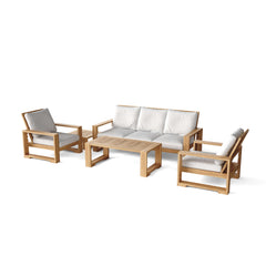 Anderson Teak Capistrano teak wood outdoor sofa set with natural canvas cushions, designed for garden lounge and patio seating.