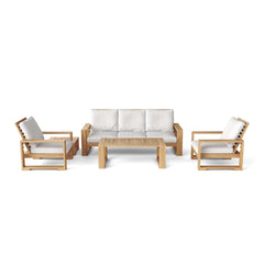 Anderson Teak Capistrano teak wood outdoor sofa set with natural canvas cushions, part of the 9-color outdoor patio lounge collection.