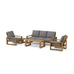 Anderson Teak Capistrano teak wood outdoor sofa set with natural canvas cushions, perfect for garden lounge, available in 9 designer colors.