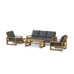 Anderson Teak Capistrano teak wood outdoor sofa set with natural canvas cushions, designed for garden lounge and outdoor patio use.