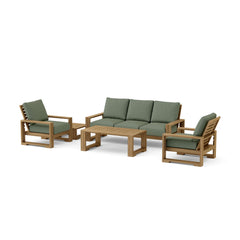 Anderson Teak Capistrano Teak Wood Outdoor Sofa Set with natural canvas cushions, 9 designer colors, garden lounge seating.