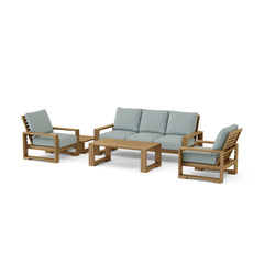 Anderson Teak Capistrano teak wood outdoor sofa set in natural finish, part of the 9-color garden lounge conversational patio furniture set.