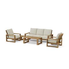 Anderson Teak Capistrano teak wood outdoor sofa set with natural cushions, perfect for garden lounge and patio seating.