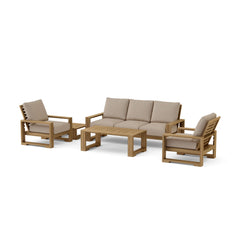 Anderson Teak Capistrano teak wood outdoor sofa set with natural cushions, designed for garden lounge and patio relaxation.
