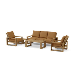 Anderson Teak Capistrano teak wood outdoor sofa set with natural canvas cushions, designed for garden lounge and outdoor patio use.