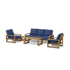Anderson Teak Capistrano teak wood outdoor sofa set with beige cushions, perfect for garden lounge, available in 9 designer colors.