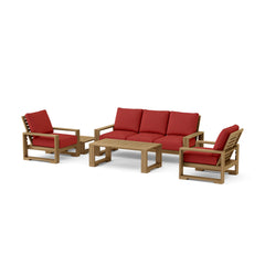 Anderson Teak Capistrano teak wood outdoor sofa set with natural cushions, designed for garden lounge and patio seating.
