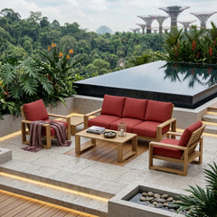 Anderson Teak Capistrano Teak Wood Outdoor Sofa Set with natural canvas cushions, 9 designer colors, perfect for garden lounge.