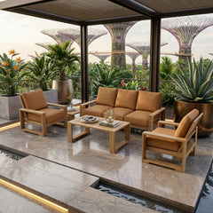 Anderson Teak Capistrano Teak Wood Outdoor Sofa Set with natural canvas cushions, 9 designer colors, for garden lounge and patio.