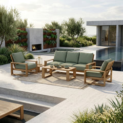 Anderson Teak Capistrano teak wood outdoor sofa set with natural cushions, perfect for garden lounge and patio seating.