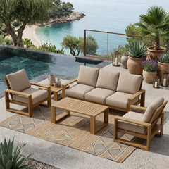 Anderson Teak Capistrano teak wood outdoor sofa set with natural canvas cushions, designed for garden lounge and patio seating.