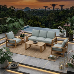 Anderson Teak Capistrano teak wood outdoor sofa set with natural cushions, perfect for garden lounge and outdoor patio seating.