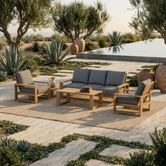 Anderson Teak Capistrano teak wood outdoor sofa set with natural cushions, perfect for garden lounge and patio seating.