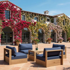 Anderson Teak Copacabana teak wood outdoor sofa set with natural canvas cushions, designed for garden lounge and patio seating.