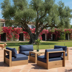 Anderson Teak Copacabana teak wood outdoor sofa set with natural canvas cushions, designed for garden lounge and patio seating.