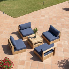 Anderson Teak Copacabana teak wood outdoor sofa set with natural canvas cushions, designed for garden lounge and patio seating.