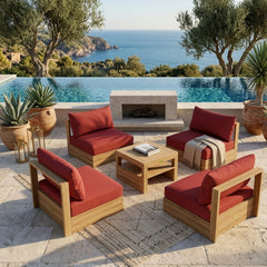 Anderson Teak Copacabana teak wood outdoor sofa set with natural canvas cushions, perfect for garden lounge, in 9 designer colors.