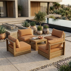 Anderson Teak Copacabana teak wood outdoor sofa set with cushions, designed for garden lounge, in natural canvas color.