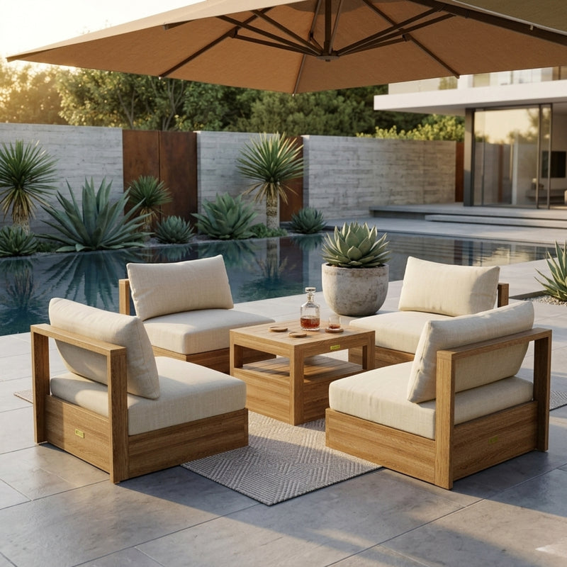 Anderson Teak Copacabana teak wood outdoor sofa set with natural cushions, perfect for garden lounge and patio seating.
