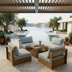 Anderson Teak Copacabana teak wood outdoor sofa set with natural canvas cushions, designed for garden lounge and patio seating.
