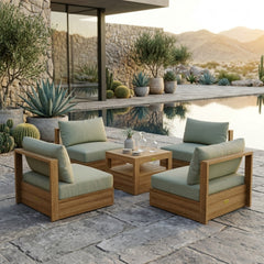 Anderson Teak Copacabana teak wood outdoor sofa set with natural canvas cushions, 9 designer colors for garden lounge seating.