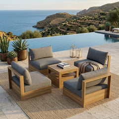 Anderson Teak Copacabana teak wood outdoor sofa set with natural canvas cushions, perfect for garden lounge, in 9 designer colors.