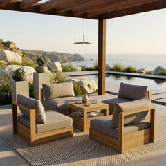 Anderson Teak Copacabana teak wood outdoor sofa set with cushions, designed for garden lounge and patio use in natural canvas.