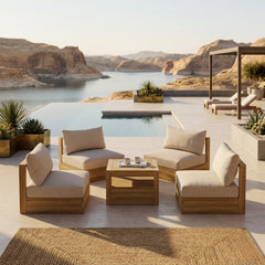 Anderson Teak Copacabana teak wood outdoor sofa set with canvas cushions, 9 designer colors for garden lounge and patio seating.