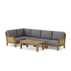 Anderson Teak Luxe Teak Wood Outdoor Patio Sectional Sofa with natural canvas cushions in nine designer colors.