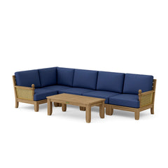 Anderson Teak Luxe Teak Wood Outdoor Patio Sectional Sofa with natural canvas cushions, garden lounge, in nine designer colors.