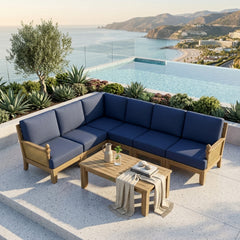 Natural teak wood sectional sofa by Anderson Teak with neutral cushions, outdoor patio design, available in nine designer colors.