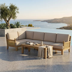 Anderson Teak SET-72 Luxe teak wood outdoor sectional sofa with natural canvas cushions, 9 designer colors for garden lounge.