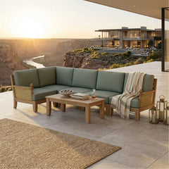 Anderson Teak SET-72 Luxe Teak Wood Outdoor Patio Sectional Sofa with natural canvas cushions, garden lounge, in 9 designer colors.