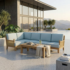 Anderson Teak SET-72 Luxe Teak Wood Outdoor Patio Sectional Sofa with natural canvas cushions for garden lounge in 9 designer colors.