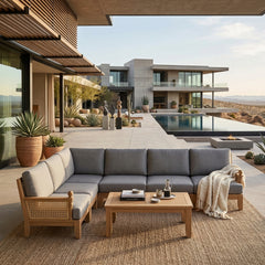 Anderson Teak SET-72 Luxe Teak Wood Outdoor Patio Sectional Sofa with natural canvas cushions and nine designer color options.