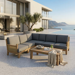 Anderson Teak SET-72 Luxe Teak Wood Outdoor Patio Sectional Sofa with natural canvas cushions, available in 9 designer colors.
