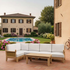 Outdoor patio sectional sofa by Anderson Teak with natural teak wood finish, featuring plush cushions and available in nine designer colors.