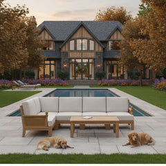 Anderson Teak SET-72 Luxe teak wood outdoor sectional sofa in natural canvas for garden lounge, available in 9 designer colors.