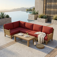 Anderson Teak SET-72 Luxe teak wood outdoor sectional sofa with natural canvas cushions, designed for garden lounge in 9 colors.