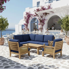Anderson Teak SET-73 Luxe Teak Wood outdoor sectional sofa set with natural canvas cushions, for garden lounge, in 9 designer colors.