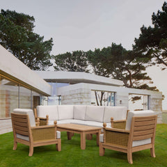 Anderson Teak SET-73 Luxe Teak Wood outdoor sectional sofa set with natural canvas cushions, perfect for garden lounge.