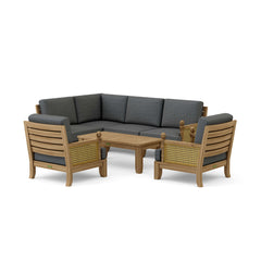 Anderson Teak SET-73 Luxe Teak Wood outdoor sectional sofa with natural canvas cushions, designed for garden lounge relaxation.