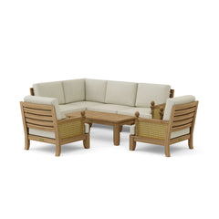 Anderson Teak SET-73 Luxe Teak Wood outdoor sectional sofa set with natural canvas cushions for garden lounge, in 9 designer colors.