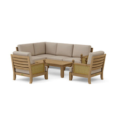 Anderson Teak SET-73 Luxe teak wood outdoor sectional sofa set with natural canvas cushions, suitable for garden lounge areas.