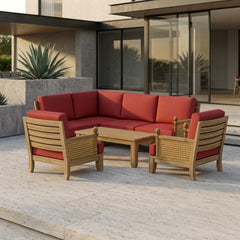 Anderson Teak SET-73 Luxe Teak Wood outdoor sectional sofa set with natural canvas cushions, displayed in a garden lounge setting.