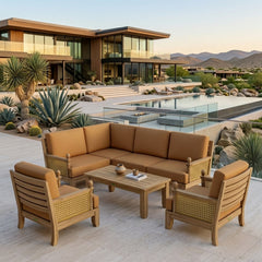 Anderson Teak SET-73 Luxe Teak Wood Outdoor Patio Sofa Set with deep seating, natural canvas cushions, in a garden lounge setting.